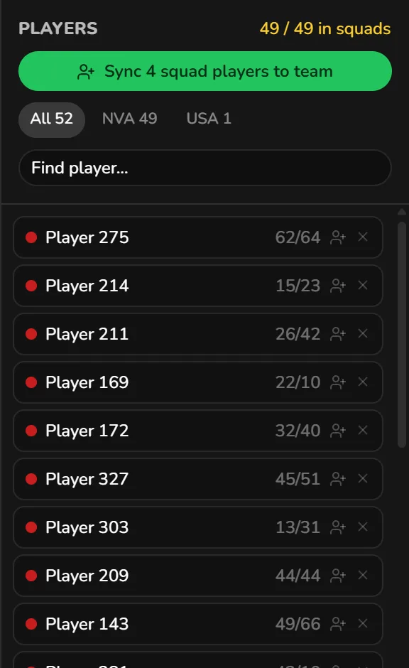 The Players panel: the Sync squad players to team button, side filters, a search box and the list of unplaced players