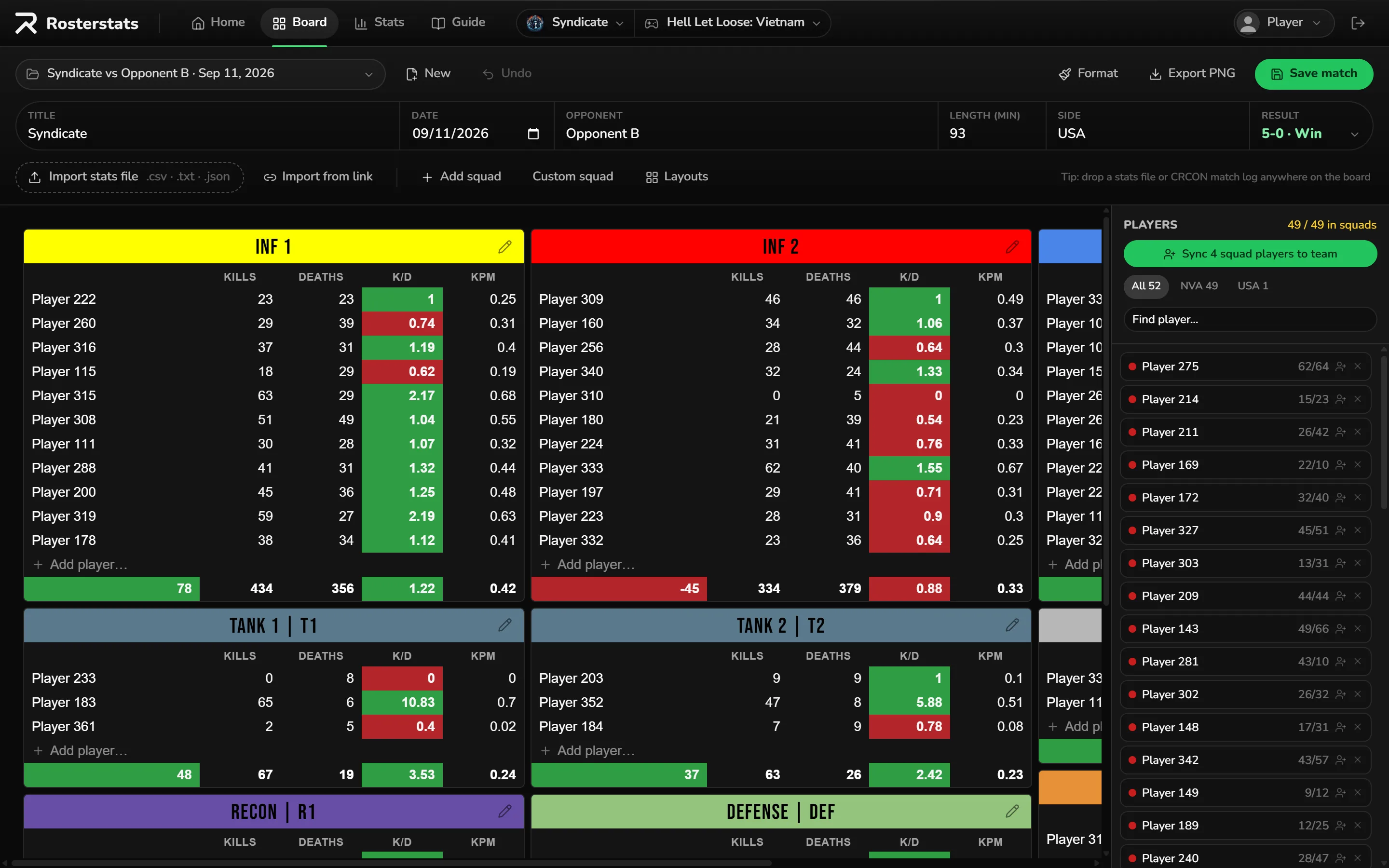 A saved match on the board: INF, tank and recon squads with each player's kills, deaths, K/D and KPM, and the Players panel on the right
