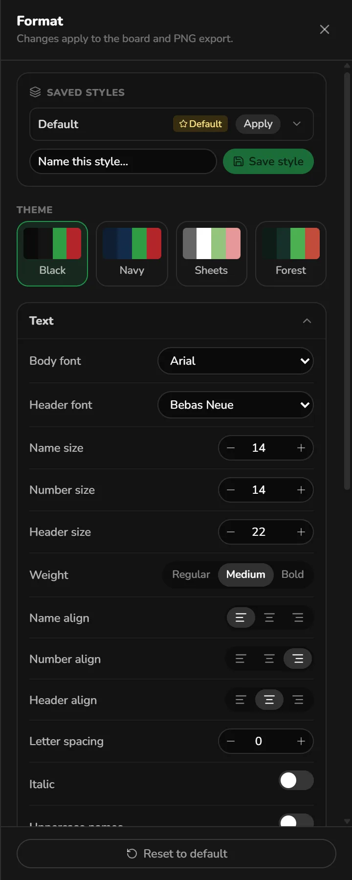 The Format panel: a saved style marked as the team default with an Apply button and a Save style box, four theme swatches with Black picked, and the Text section with fonts, sizes, weight, alignment and spacing
