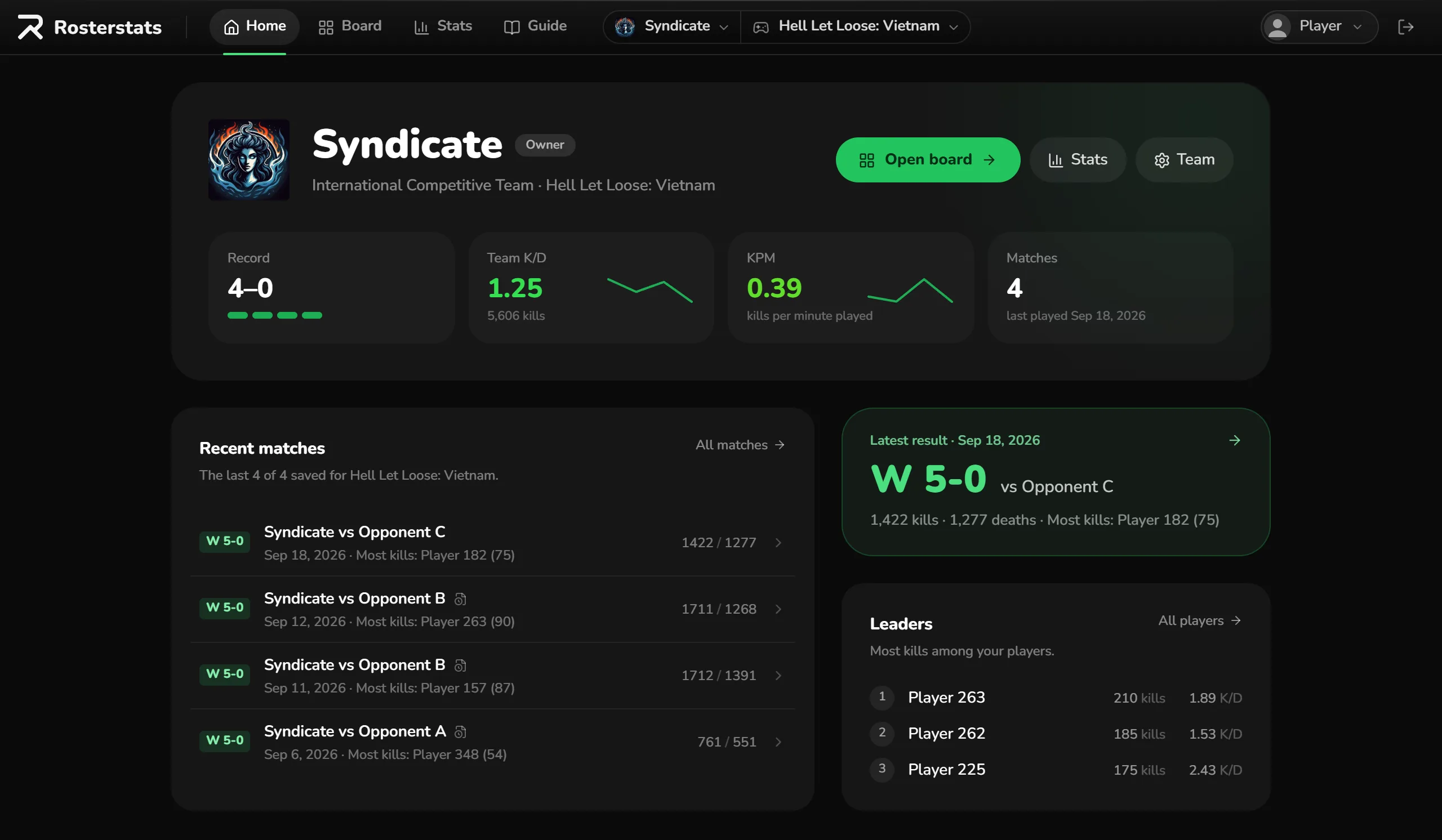 Home: the team header with Open board, Stats and Team buttons above the record, team K/D, KPM and match count, then recent matches and leaders